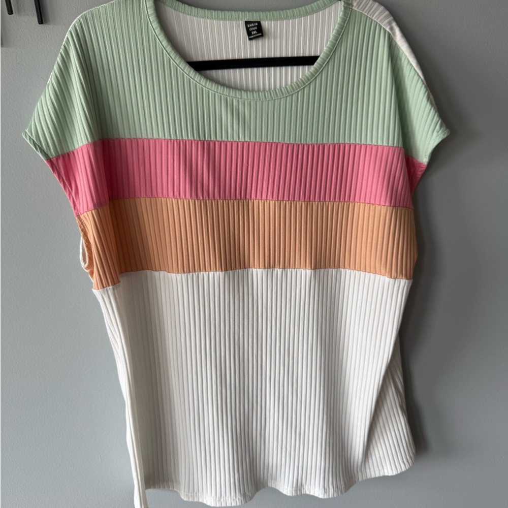 SHEIN Mint Green, Pink, Orange, and White Striped Tee